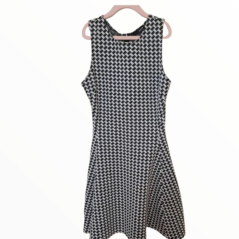 Aqua Hound's-tooth Fit to Flare Sleeveless Dress